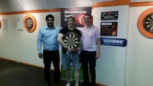 2015-07-02 - Winmau Darts Centre Knockout - Dharam (Tam) Jagpal (Arena Owner), Matt Padgett (Winner), Ian Flack (Winmau)