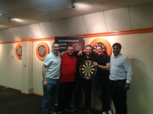 2015-08-06 - Winmau Centre Knockout - Losing semi finalists John Mycock, Louis Burley, Runner up Mick Baker, Winner Matt Padgett, Arena Owner Tam Singh