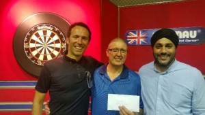 2015-08-29 - Wolverhampton Open - Left to Right - Andy Jones (Winmau), Paul Hogan (Winner), Dharam (Tam) Jagpal (Arena Owner).