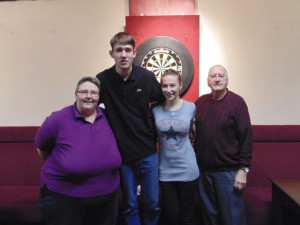 2016-02-11 - Forest of Arden Mixed Doubles Sue Kingdon (Organiser), Luis Barberan & Charlie Kingdon (Winners), Trevor Edwards (Treasurer)