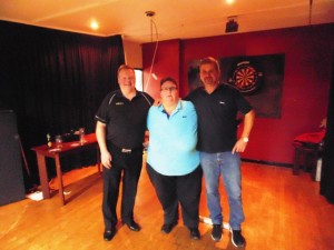 2016-03-09 - South Birmingham League Doubles Knockout Paul Bryant (Runner Up), Sue Kingdon (Organiser) and Chris Cooke (Runner Up)